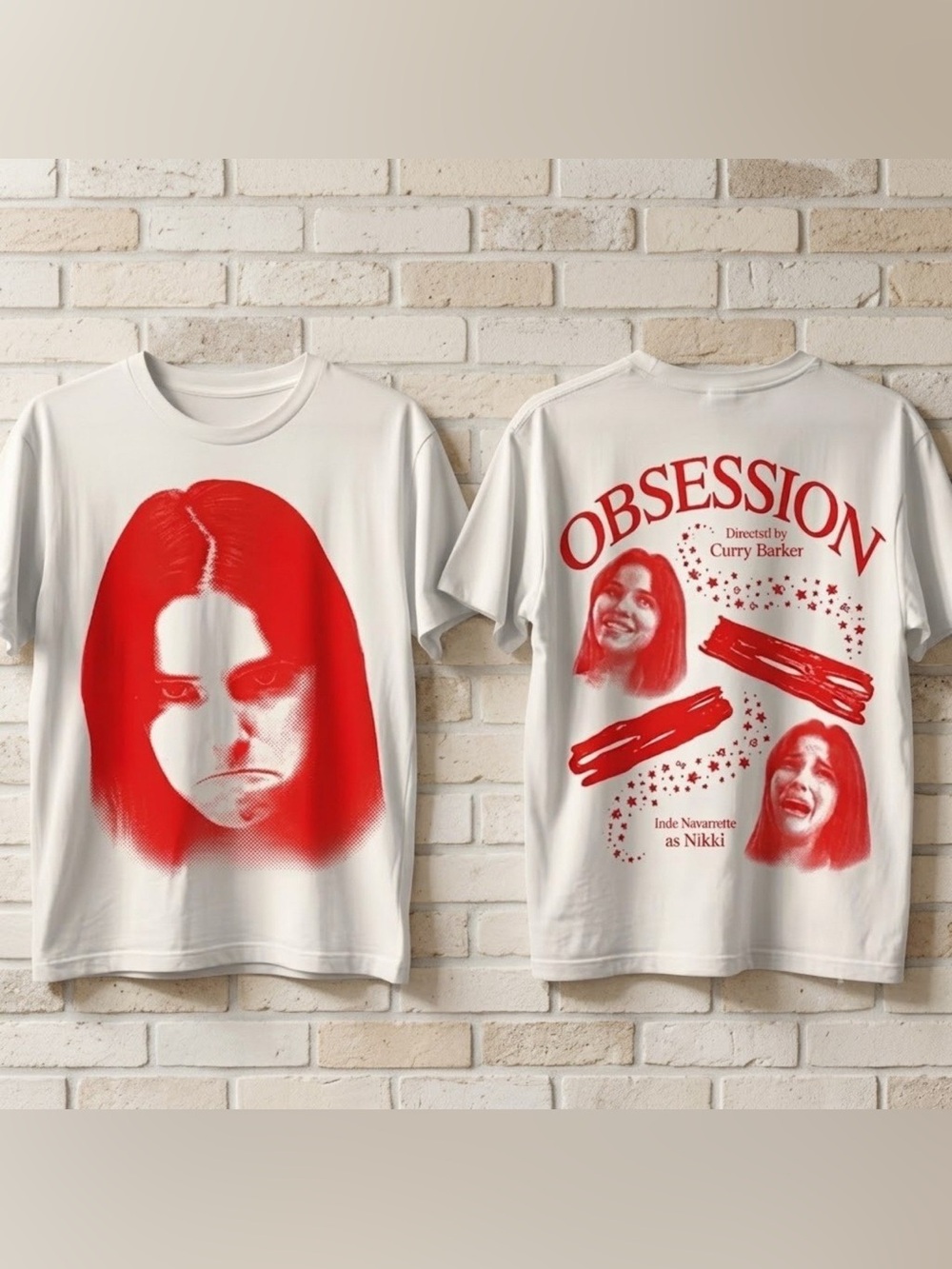 Gildan White Tee with Obsession Bold Red Graphic Faces